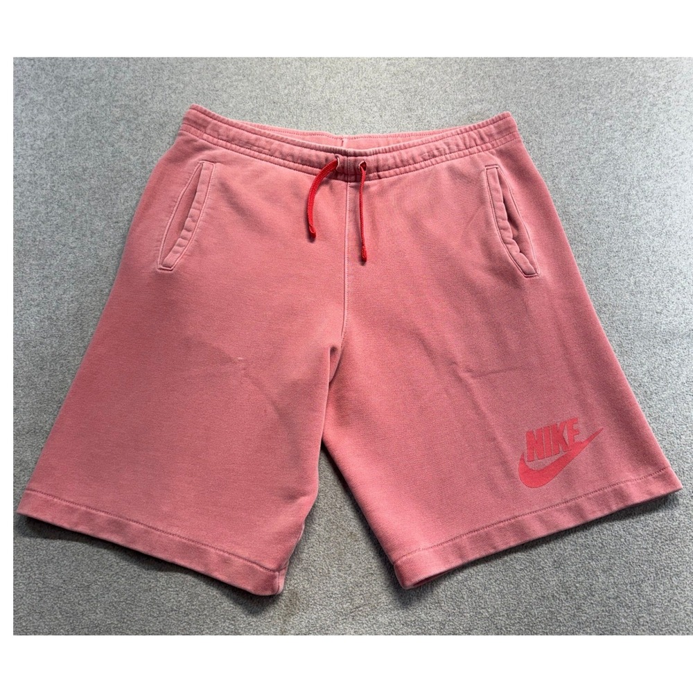 Nike Mens M Fleece Shorts Pink Coral Washed Faded Swoosh Drawstring Athleisure